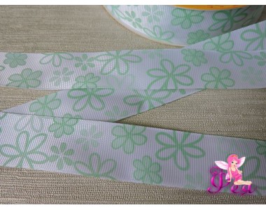 Репсовая лента 25 мм с рисунком "Цветочки", цв. мятный