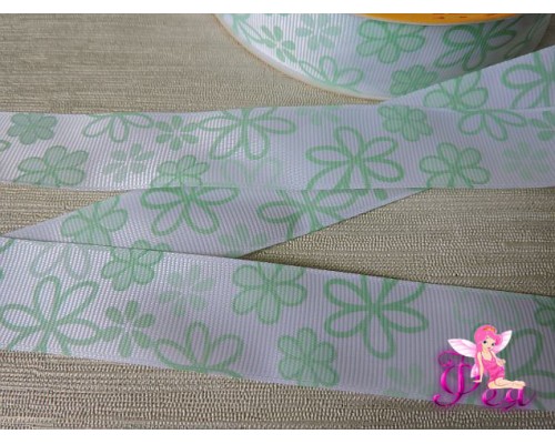 Репсовая лента 25 мм с рисунком "Цветочки", цв. мятный