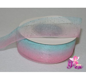 Органза 25 мм "Блестки", переходящий цвет, голубой/розовый