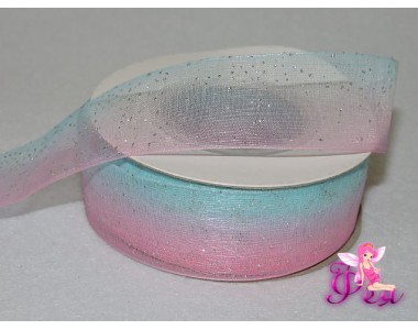 Органза 25 мм "Блестки", переходящий цвет, голубой/розовый