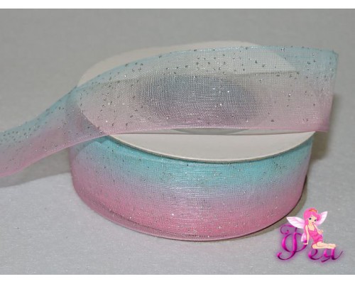 Органза 25 мм "Блестки", переходящий цвет, голубой/розовый