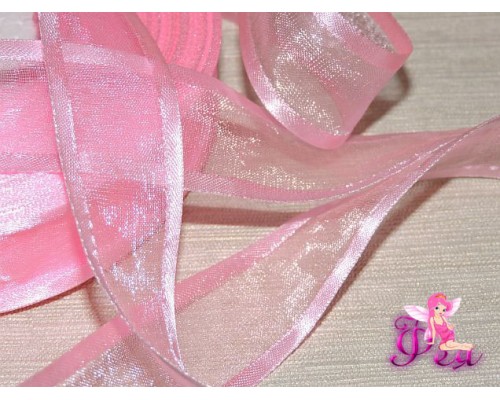 Органза с атласом 25мм,  нежно-розового цвета - 1 м