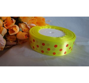 Атласная лента 25 мм светло-желтого цвета с рисунком "Крупный красный горох"