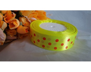 Атласная лента 25 мм светло-желтого цвета с рисунком "Крупный красный горох"