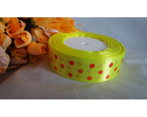 Атласная лента 25 мм светло-желтого цвета с рисунком "Крупный красный горох"