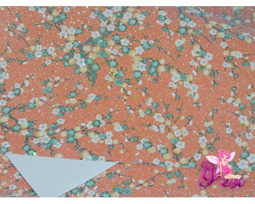 Кожзам глиттер "Цветочки", цв, оранжевый