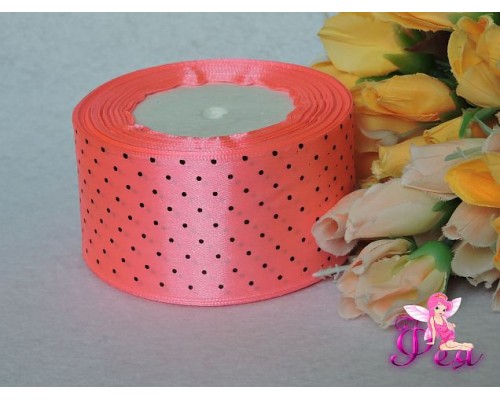 Атласная с рис. горох 50мм, цв. розовый в "черный мелкий горох"