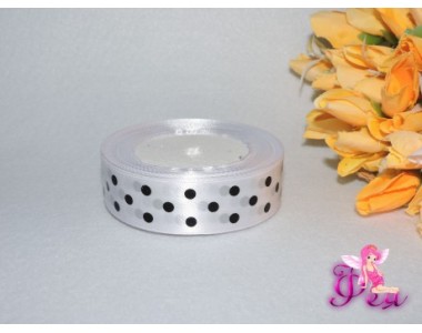 Лента атласная 25 мм "Крупный черный горох" цв.  белый - 1м