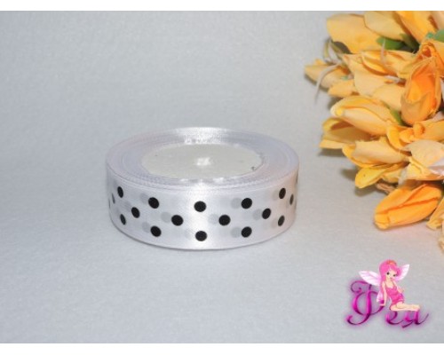 Лента атласная 25 мм "Крупный черный горох" цв.  белый - 1м