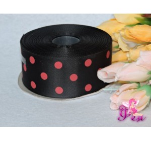Репсовая лента 40 мм черного цвета с рисунком "Крупный красный горох"