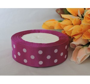 Атласная лента 25 мм цвета темной фуксии с рисунком "Крупный белый горох"