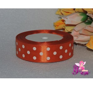 Атласная лента оранжевого цвета с рисунком "Крупный белый горох"