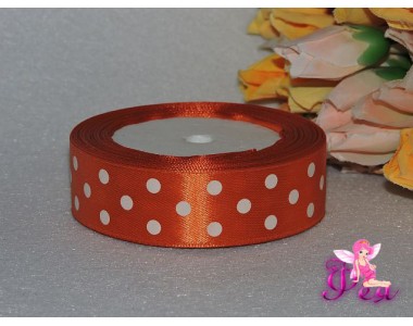 Атласная лента оранжевого цвета с рисунком "Крупный белый горох"