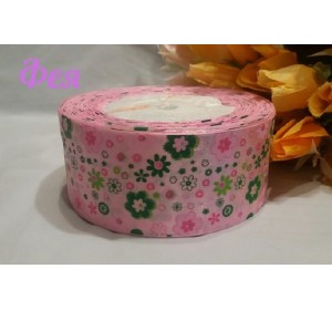Атласная лента с рисунком 40мм, цв. розовый с цветочками