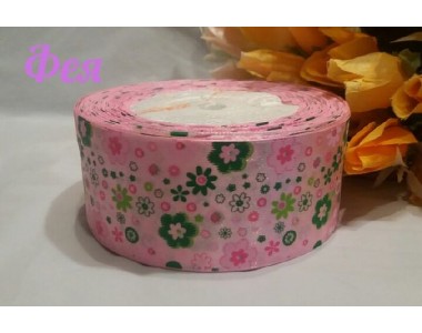 Атласная лента с рисунком 40мм, цв. розовый с цветочками