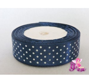 Лента атласная  25 мм  с рисунком "Мелкий белый горох", темно-синего цвета - 1м