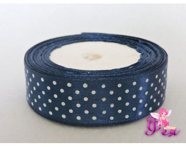 Лента атласная  25 мм  с рисунком "Мелкий белый горох", темно-синего цвета - 1м