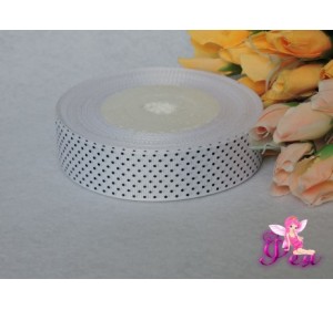 Репсовая лента 25 мм  с рисунком "Мелкий черный горох", белого цвета - 1м