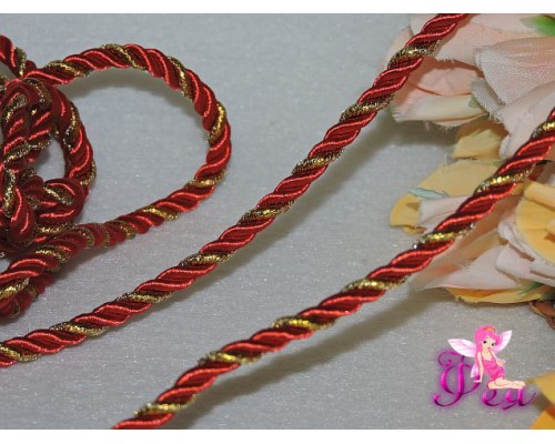 Шнур крученный, 5 мм, цв.красный с золотым
