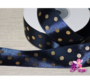 Атласная лента 25 мм в горошек золотой, цв.  синий