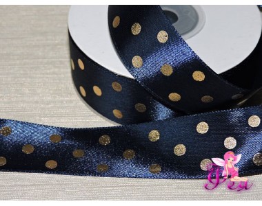 Атласная лента 25 мм в горошек золотой, цв.  синий
