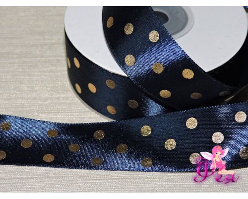 Атласная лента 25 мм в горошек золотой, цв.  синий