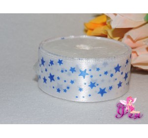 Атласная лента с рисунком 25мм, "Синие звезды"