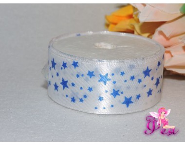 Атласная лента с рисунком 25мм, "Синие звезды"