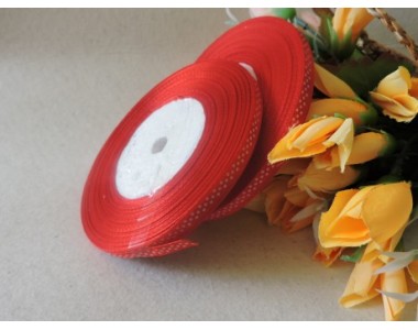 Атласная с рис. горох 6мм*45м, красного цвета с рисунком "Мелкий белый горох"