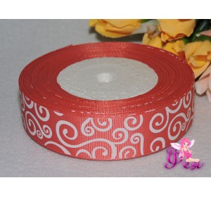 Репсовая лента с рисунком 25мм светло-красного цвета с рисунком белый узор 