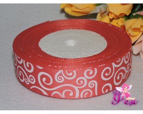Репсовая лента с рисунком 25мм светло-красного цвета с рисунком белый узор 
