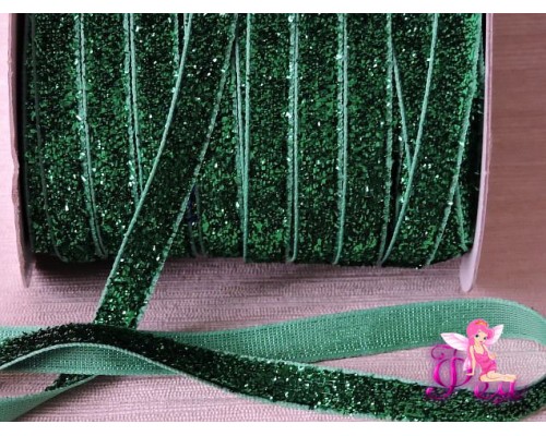 Бархатная лента 1см  с люрексом, цв. зеленый