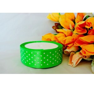 Атласная лента 25 мм салатового цвета с рисунком "Мелкий белый горох"