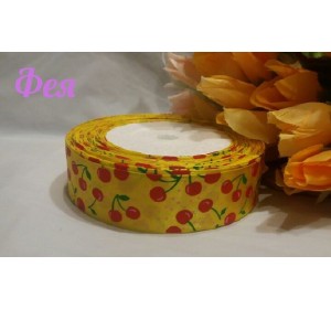 Атласная лента 25 мм желтого цвета с рисунком "Вишенки"