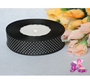 Репсовая лента 25 мм  с рисунком "Мелкий белый горох", черного цвета - 1м