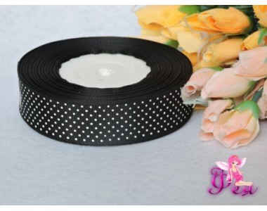 Репсовая лента 25 мм черного цвета с рисунком "Мелкий белый горох" D 400/30 25 мм