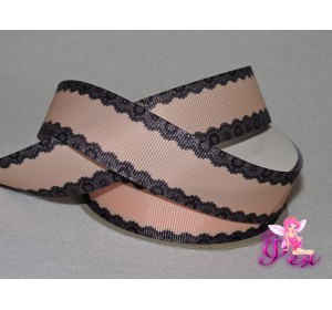 Репсовая лента 25 мм с рисунком " Кружево по краям", персиковый/черный - 1м