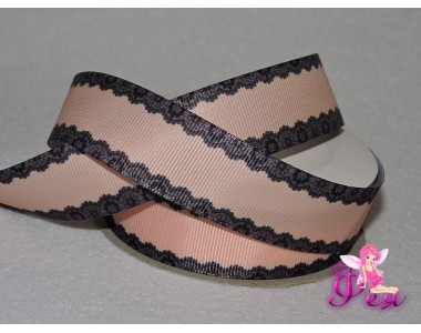 Репсовая лента 25 мм с рисунком " Кружево по краям", персиковый/черный - 1м