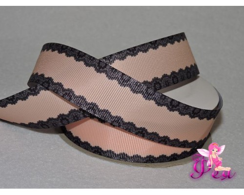 Репсовая лента 25 мм с рисунком " Кружево по краям", персиковый/черный - 1м