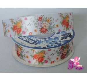 Лента атласная 25 мм с рисунком "Букетики цветов"
