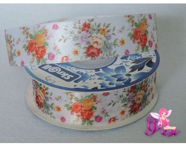 Лента атласная 25 мм с рисунком "Букетики цветов"