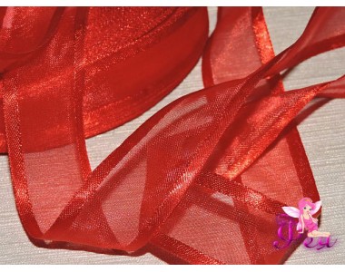 Органза с атласом 25мм,  красного цвета.