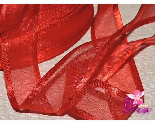 Органза с атласом 25мм,  красного цвета.