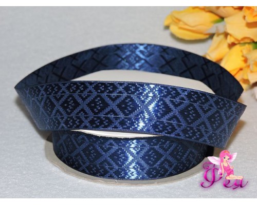 Декоративная лента 25мм  синего цвета с вышивкой