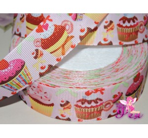 Лента репсовая 25 мм с рисунком "Пироженки", цв. розовый - 1м