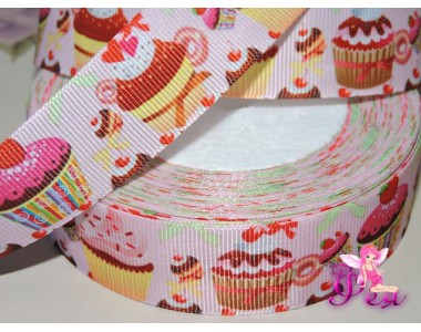 Лента репсовая 25 мм с рисунком "Пироженки", цв. розовый - 1м