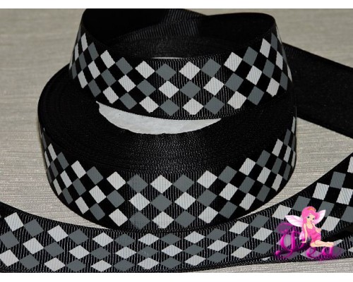 Лента репсовая 25 мм с рисунком "Ромбы", цв. серый