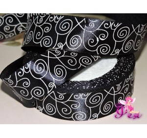 Лента атласная 25 мм, с рисунком "Узор", цв. черный- 1м