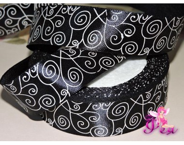 Лента атласная 25 мм, с рисунком "Узор", цв. черный- 1м