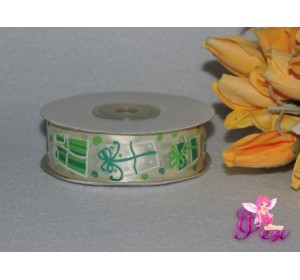 Лента атласная 25 мм с рисунком "Новогодний подарок" бежевая